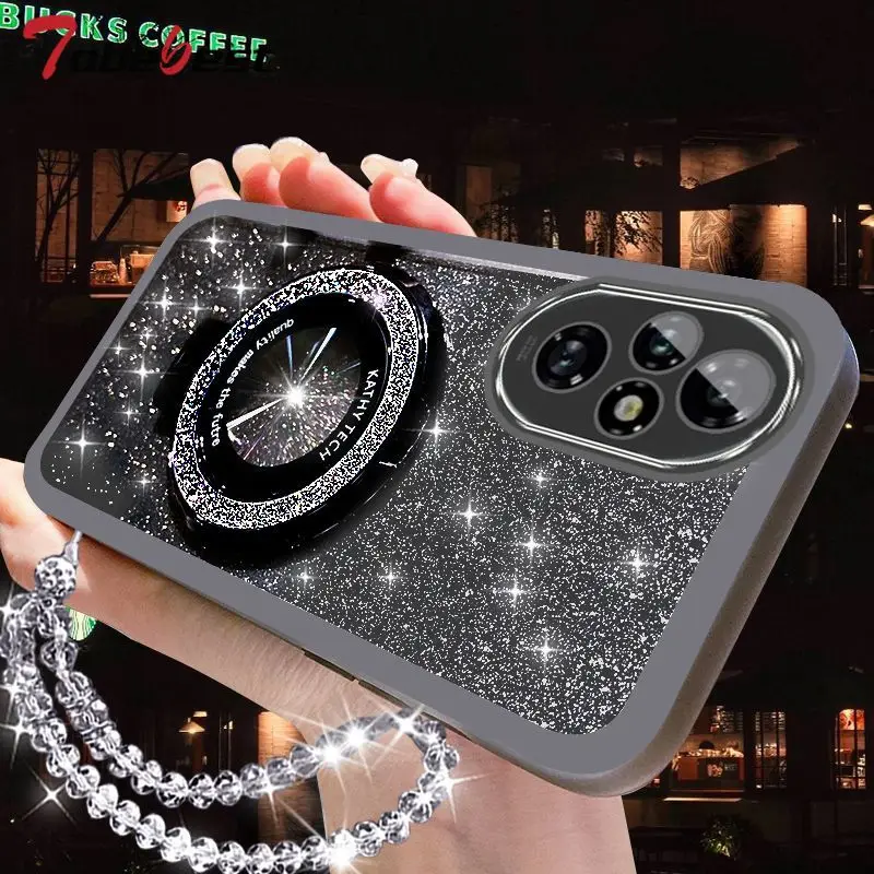 Glitter Crystal Bracelet Magsafe Phone Holder Case For Huawei Honor 200 100 90 80 70 60 Pro Lite GT Silicone Cover