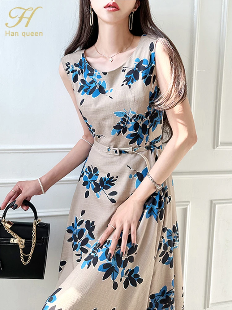 H Han Queen Summer Dresses Korean Vintage Prints Vestidos Elegant Slim Office Party Casual Midi Dress Woman Clothing With Belt