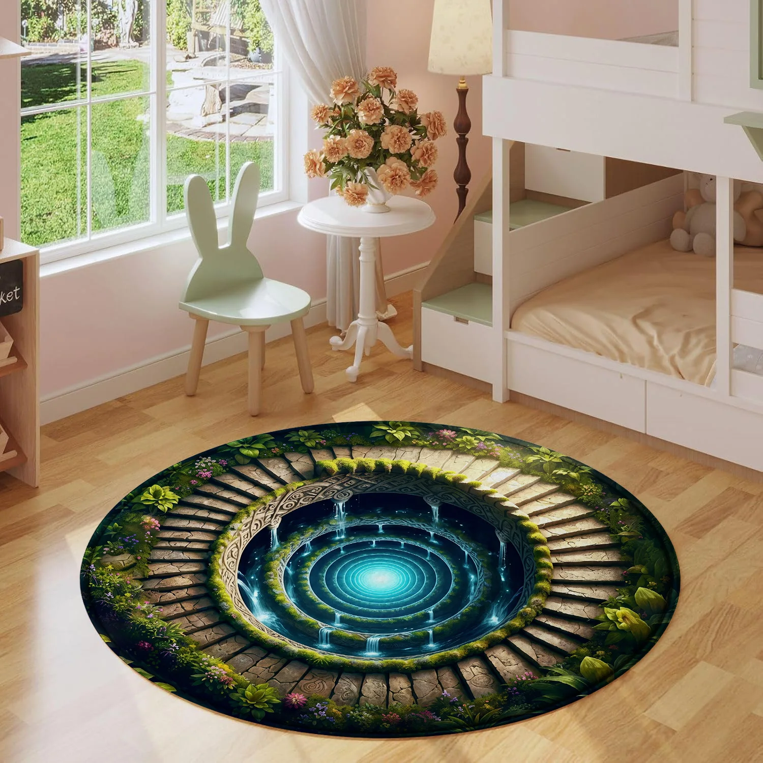 3D Illusion Circular Stone Stairs Magic Portal Water Fountain Garden Nature Landscape Round Mat Area Rug