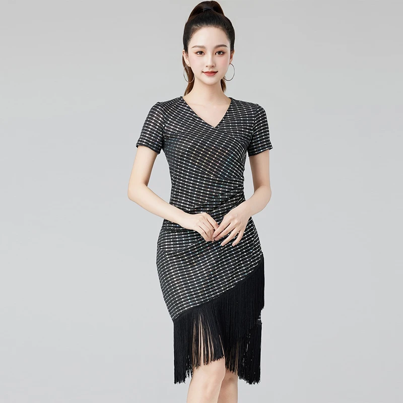 

New Short Sleeves Sequins Latin Dance Dress Women'S Latin Dance Fringed Dresses Adults Samba Ballroom Dancing Wear DW10801