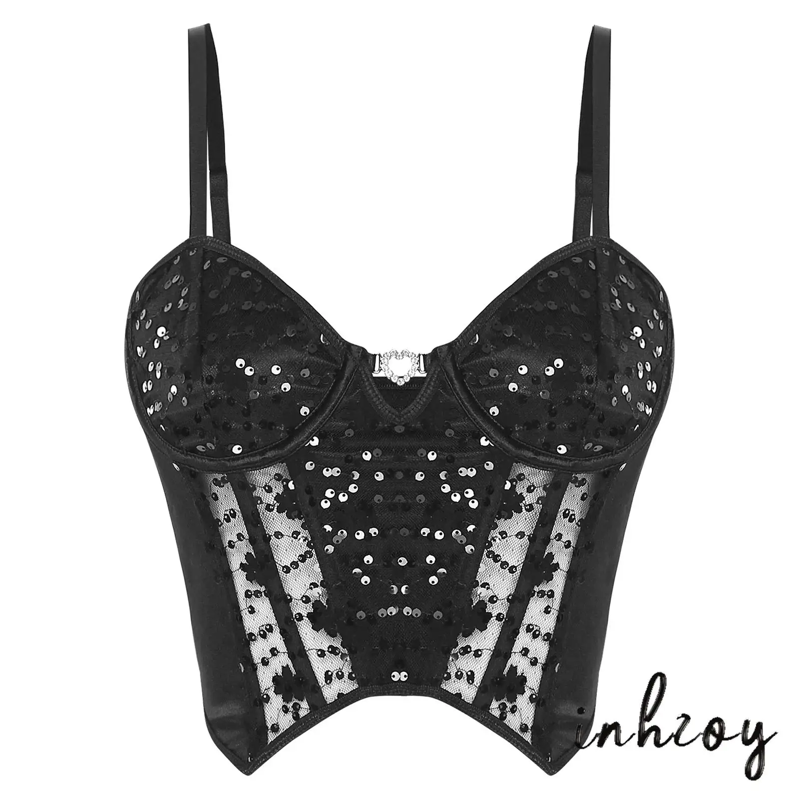 

Womens Shiny Sequined Boned Corset Adjustable Straps Underwire Push Up Bustiers Sheer Mesh Spliced Irregular Crop Camisole Tops