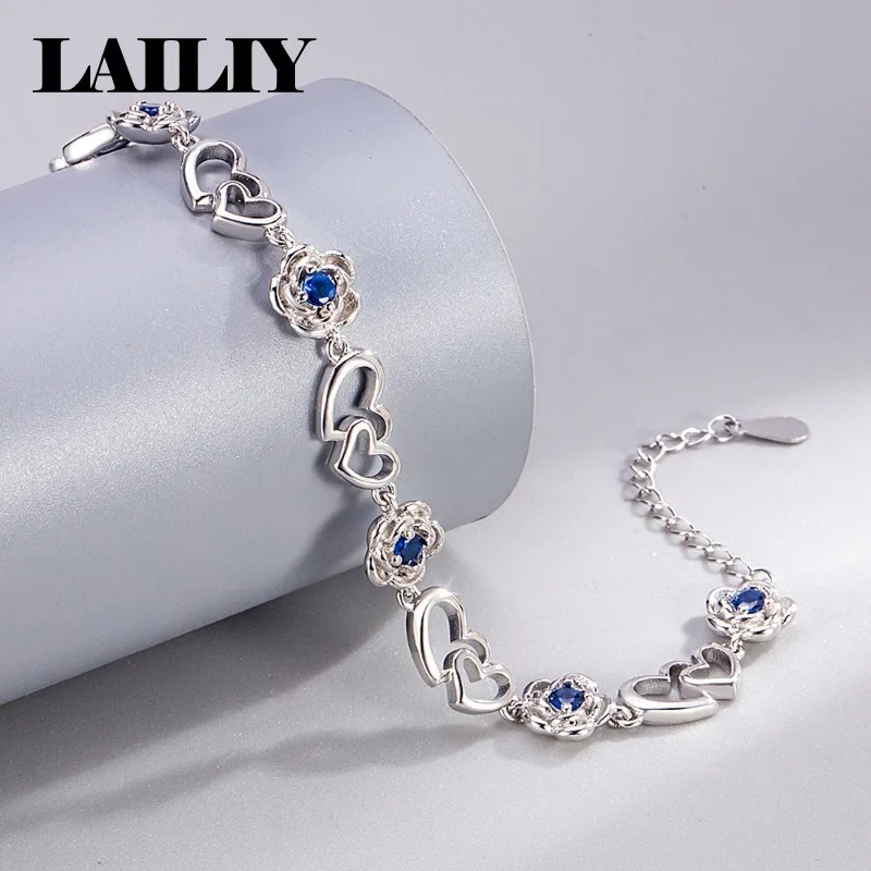 LAILIY 925 Sterling Silver Openwork Heart Bracelet Rose Motif Bracelet Bangle For Women Fashion Jewelry Engagements Party Gift