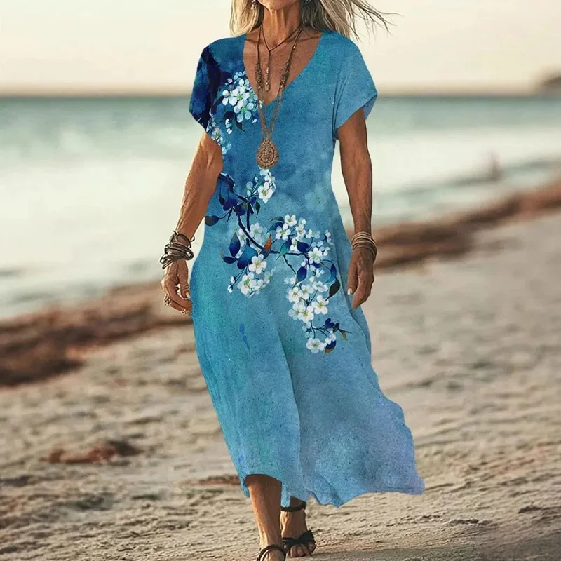 Japanese Antique Pear Blossom Ink Painting Art Print V-neck Dress 3D Printed Casual V-neck Dress Female Dresses