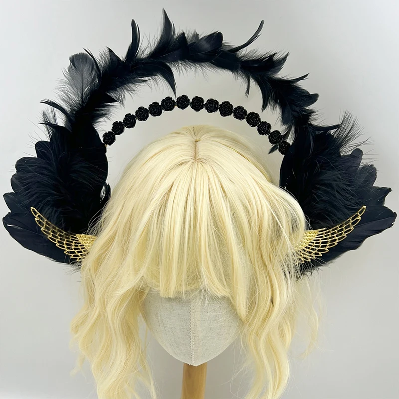 Gothic Angel Feather Wings Halo Lolita Tiara Cosplay Halloween Crown Mary Costume Headdress Women Pink Gold Hair Accessories 