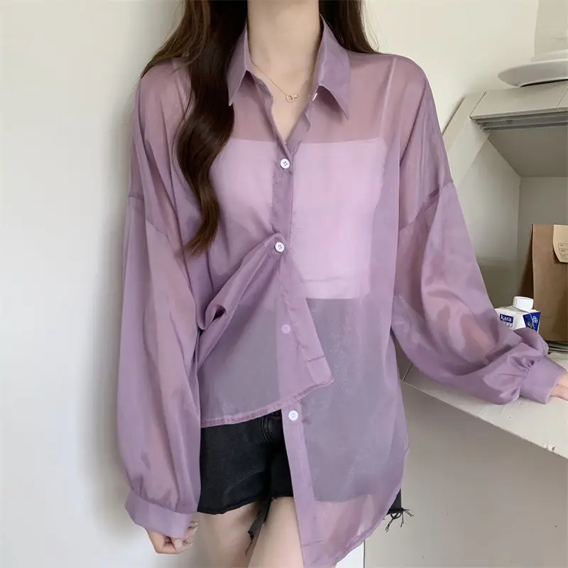 Women Sunscreen Shirt Long Sleeve 2024 Summer Thin Transparent Blouses Lady Coats Femal Casual Loose Shirts Fashion Streetwear