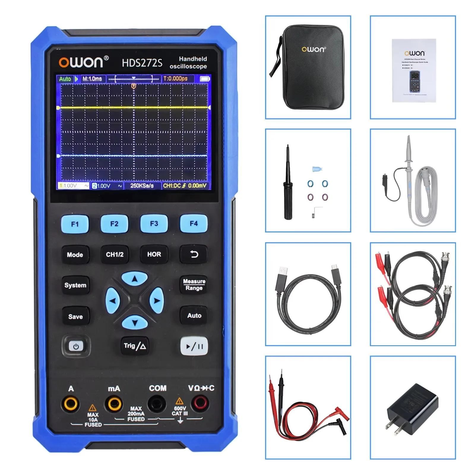 OWON HDS272S 70MHz Handheld Oscilloscope Waveform Generator Multimeter 3 in 1 Multifunction Tester 2CH+AFG+DMM with 3.5 Inch LCD