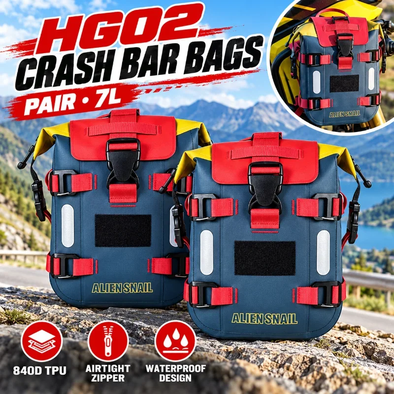 Alien Snail HG02 Motorcycle Crash Bar Bags Pair 7L 840D TPU Waterproof Side Bags with Airtight Zipper Reflective Strips