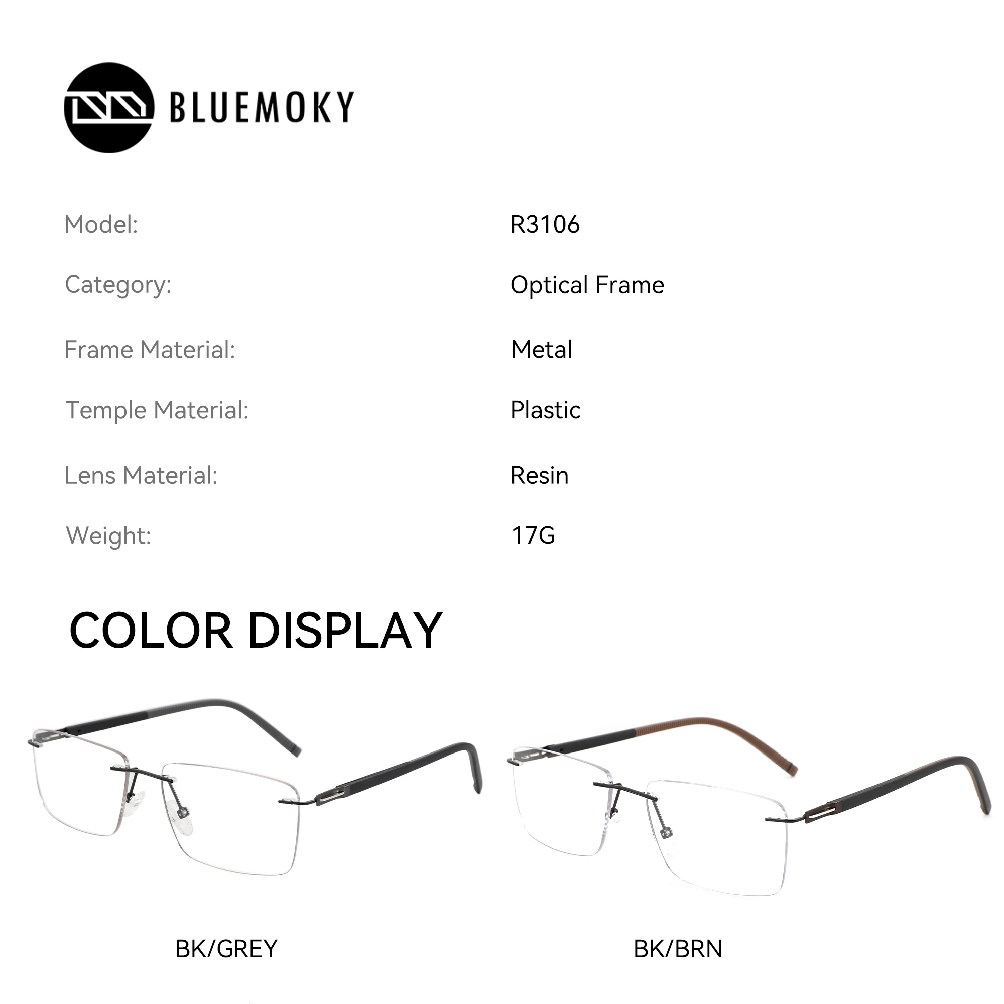 ブルーモキー ﻿ 高級金属長方形リムレス度付きメガネ、男性用近視光学眼鏡、プログレッシブアンチブルーライト