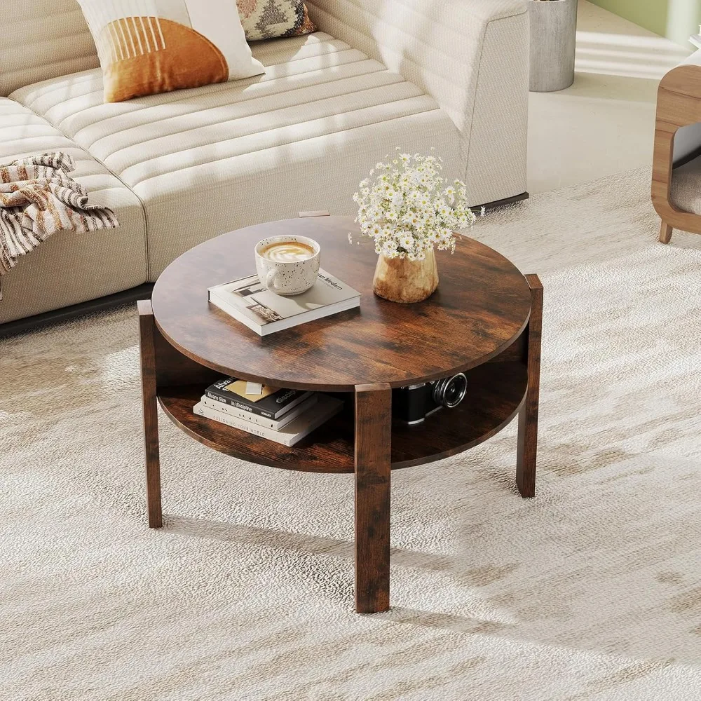 

Round Coffee Table, 29.5” 2-Tier Circle Cocktail Center Table with Storage Shelves, for Small Spaces, Living Room (Rustic Brown