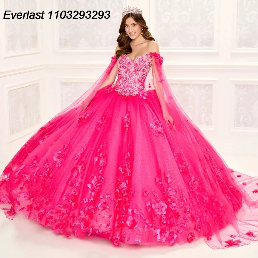 EVLAST-Vestido de baile Quinceanera amarelo com capa, Applique 3D Flower Lace, Beading, México Sweet 16, TQD194, 15