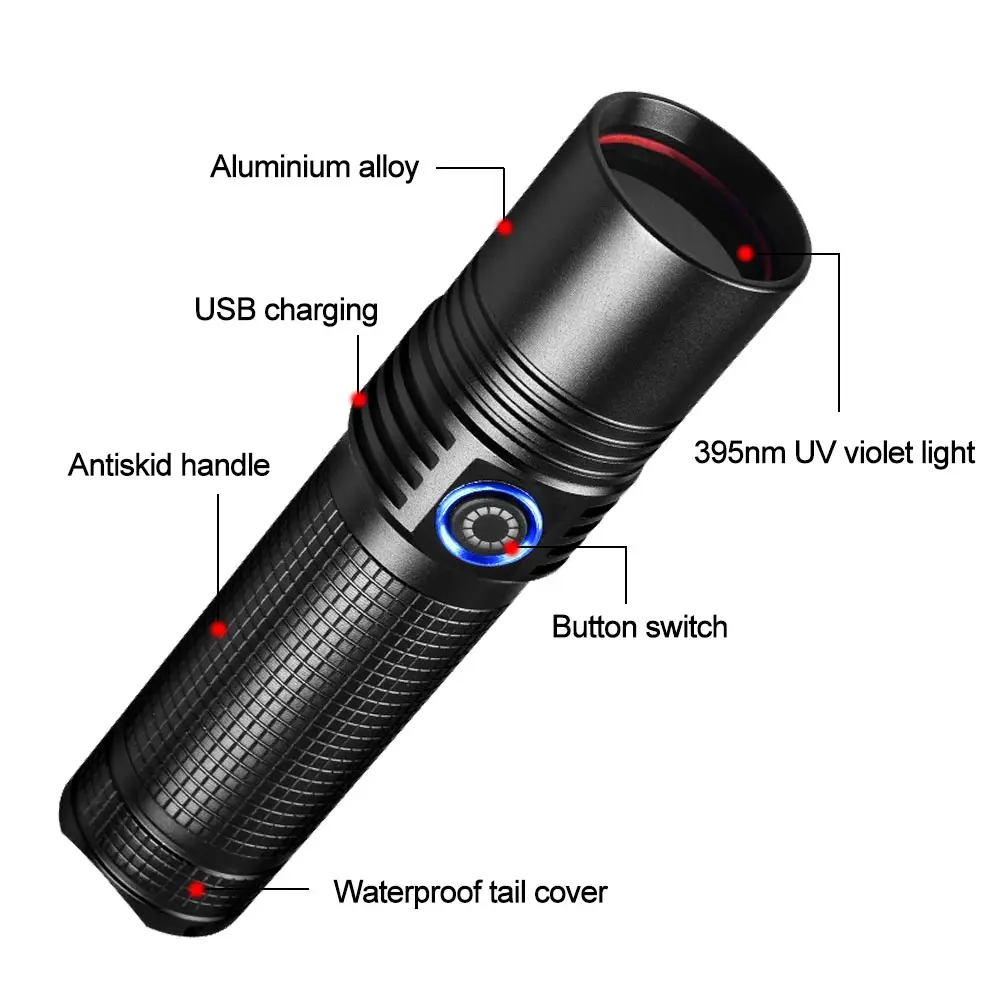 395nm UV Lights Tactical LED Black Light Flashlight Rechargeable 18650 Torch