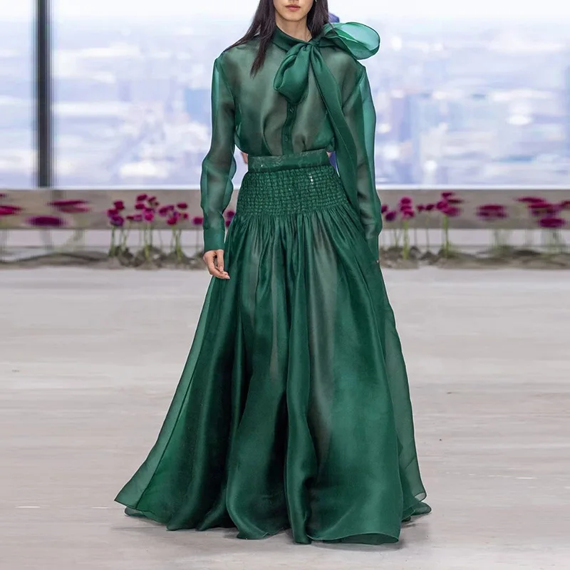 

Two Piece Sets for Women Stand Collar Long Sleeve Spliced Bowknot Tops High Waist Long Skirt Chic Set Female New