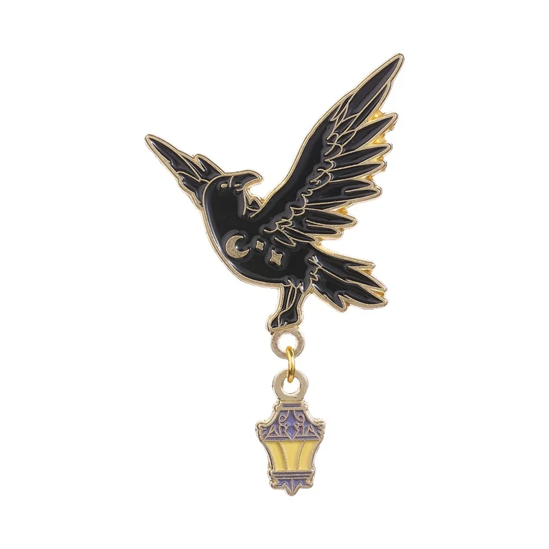 Flying Black Raven and Lantern Pendant Enamel Pins Mystical Punk Crow Moon Star Badge Black Bird Brooch Lapel Pin Jewelry Gifts
