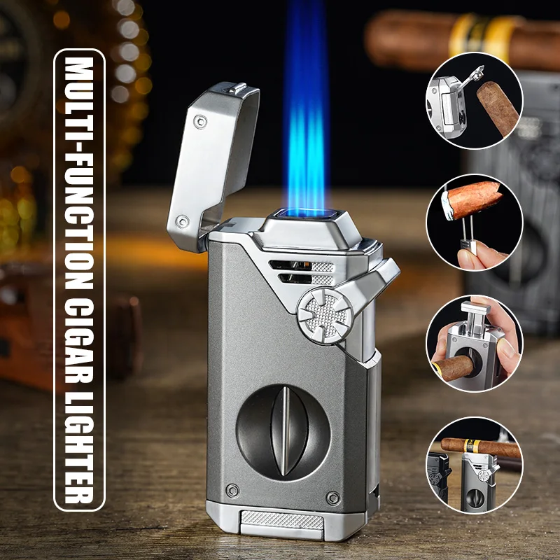 

Four Blue Flame Rocker Cigar Lighter V-Cigar Cutter Cigar Rig Anti-Hot Fork Visual Gas Window Multi-Function Ignition