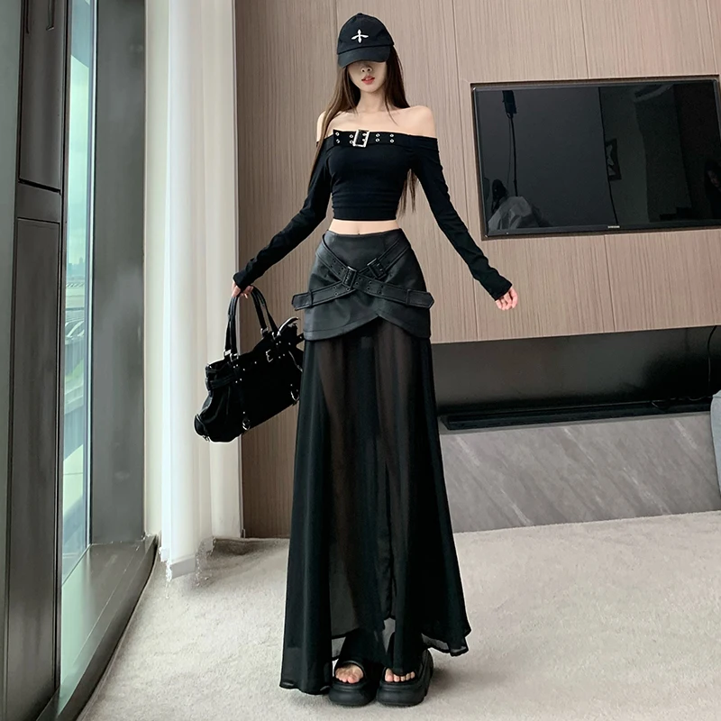 

Retro Black Leather Skirt Slimming Design Sense Mesh Splicing Bodycon Fish Tail Long Skirt Korean Style Pleated Versatile Skirt