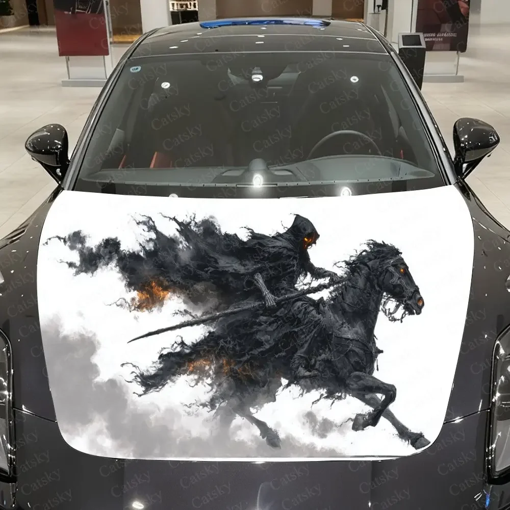 Ember Flame Shadow Rider Car Vinyl Wrap, PVC Waterproof Car Hood Sticker, Self-Adhesive Scratch-Resistant Stickers