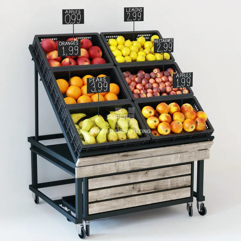 (customized)Wood Fruit Display Rack Supermarket Fruit Vegetable Display Rack Megastore Dry Grocery Vegetable Shop Rack