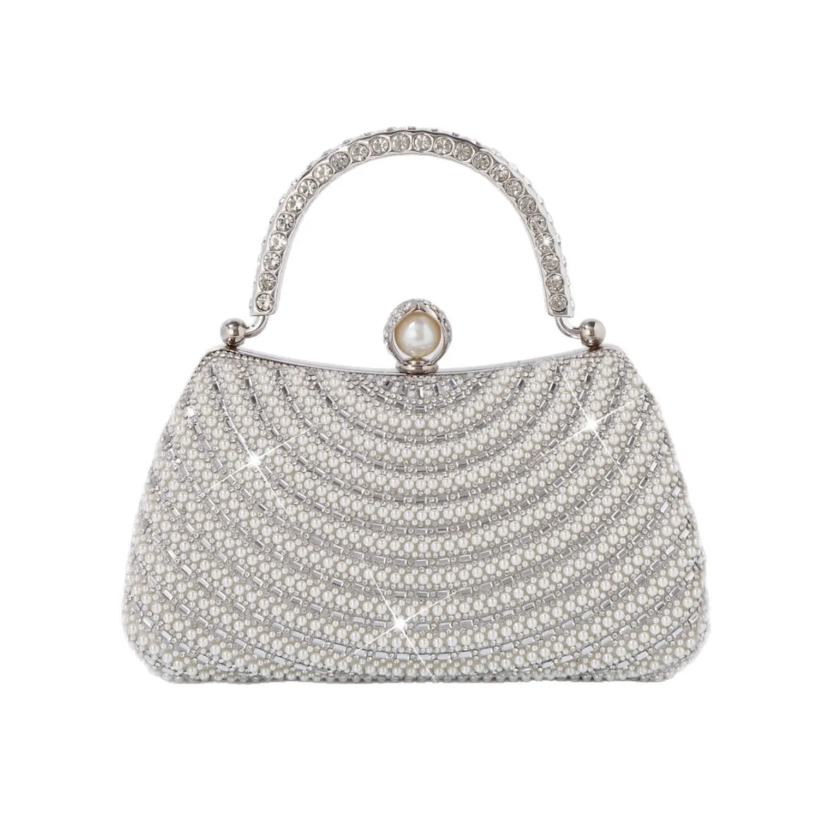 

Silver Rhinestone & Pearl Evening Handbag with Crystal Handle - Luxury Clutch Purse for Women, Perfect for Party, Gala & Wedding