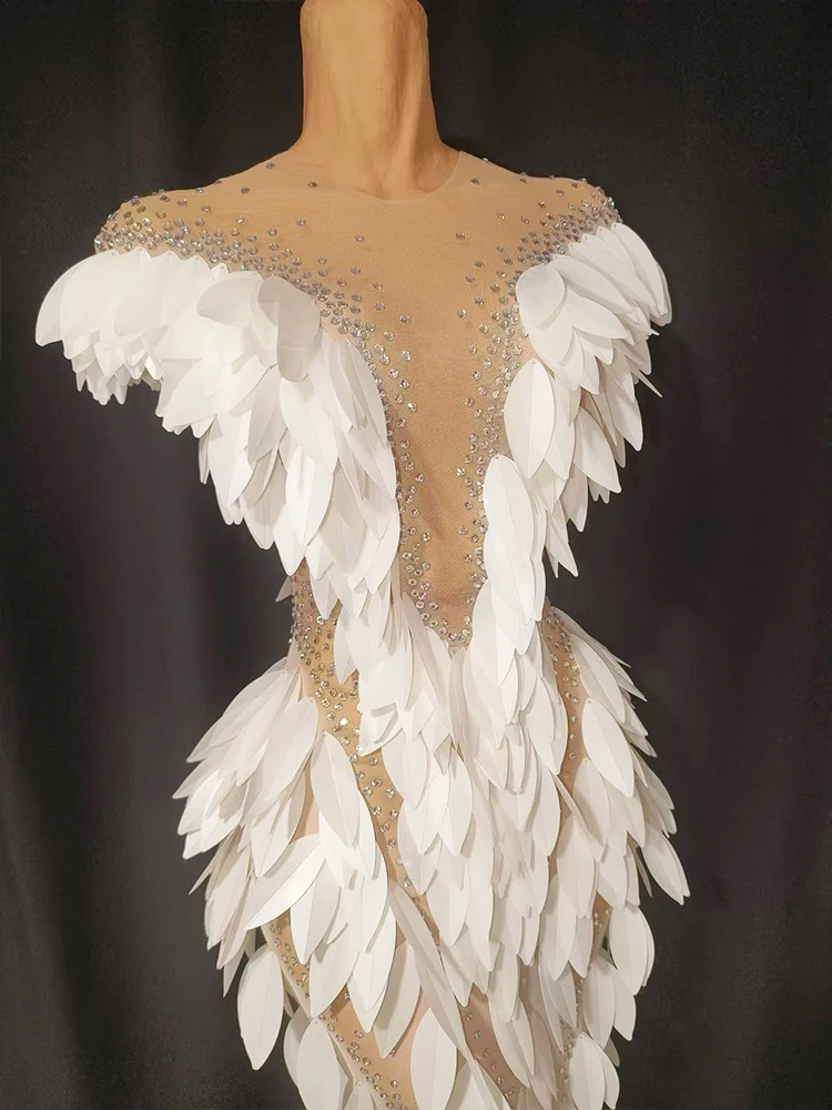 Sparkly Rhinestone 3D White Plastic Feather Shape Split Dress Trailing Sexy Mesh See Transparent Birthday Party Celebrate Show view 6