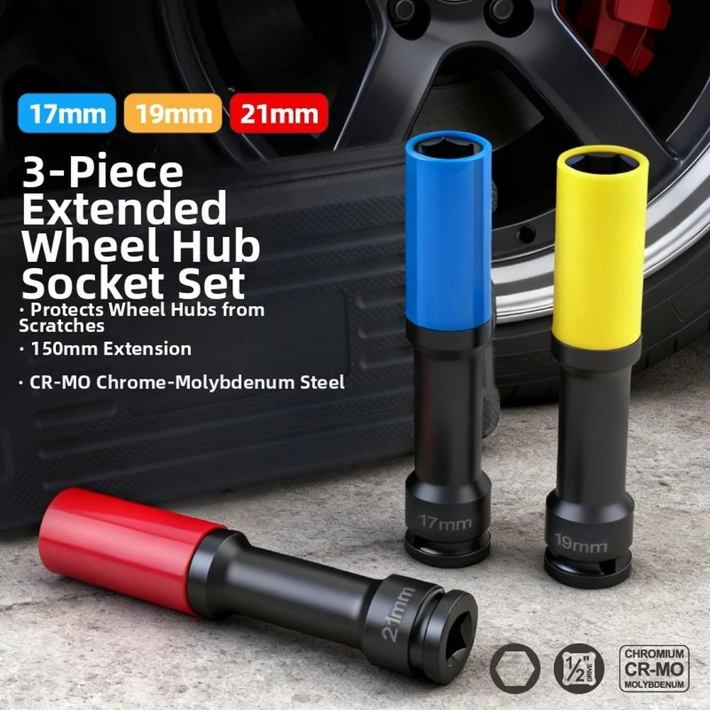 3Pcs 17mm 19mm 21mm Extended Wheel Lug Nut Socket Set For CR-V Steel Tire Removal Tool With Rim Protection Sleeve