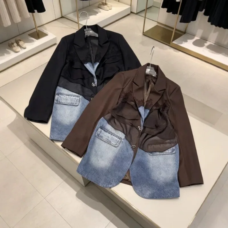 SuperAen 2026 Autumn New Style European and American Oversize Denim Patchwork Asymmetrical Long-sleeved Fashion Women's Jackets