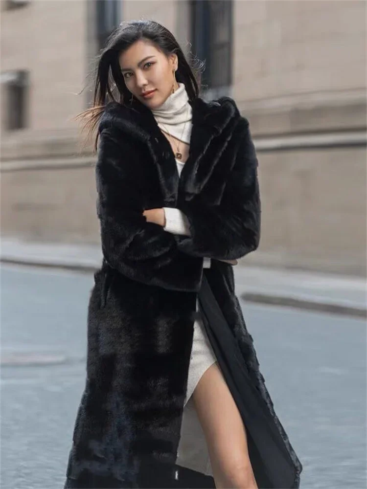 Black Mink Fur Coat Women Long Hooded Warmth Clothing 2023 Winter New Fashion Slim Pockets Faux Fur Jackets Feminina