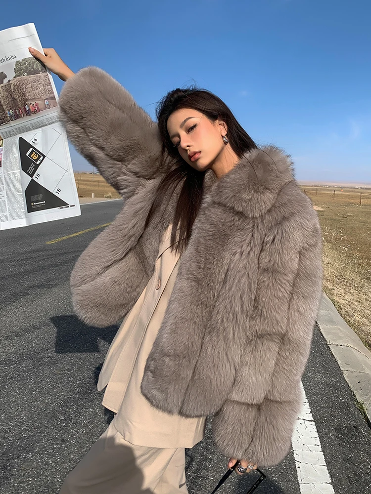 Luxury Women Natural Fox Fur Jacket With Lapel Collar Winter Fashion Woman Genuine Full Pelt Fox Fur Coats Female Outwear Trendy