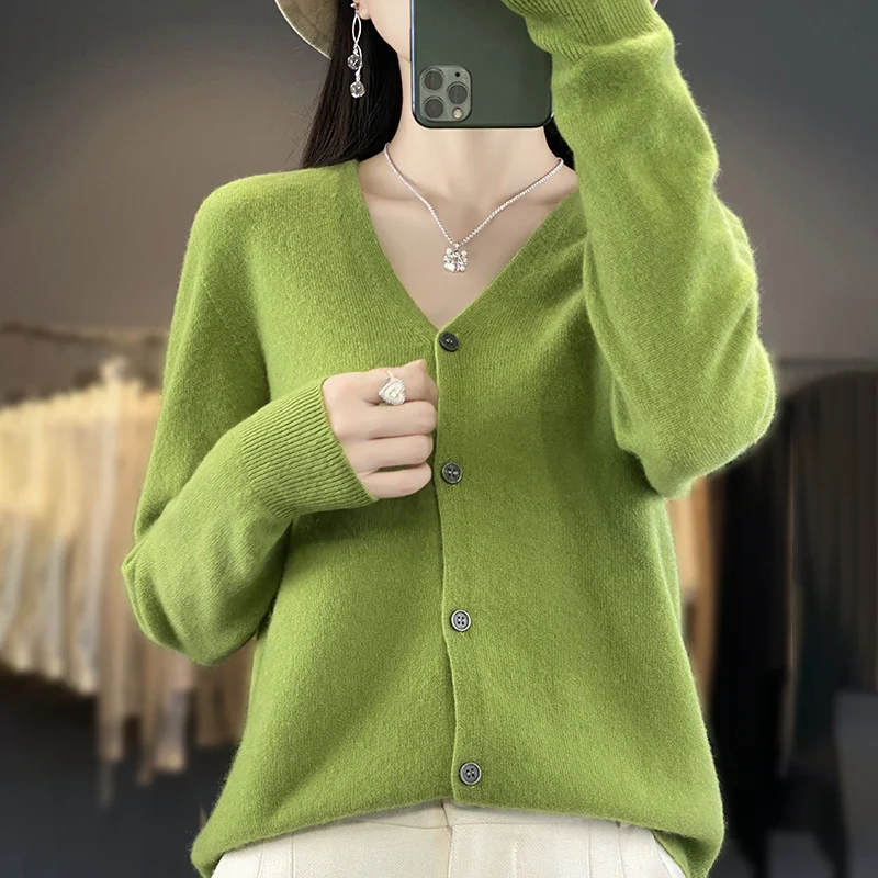 Women Cashmere Cardigan Thin Sweater For Spring Autumn V-neck Long Sleeve 100% Merino Wool Knitwear Soft Comfort Clothes Tops