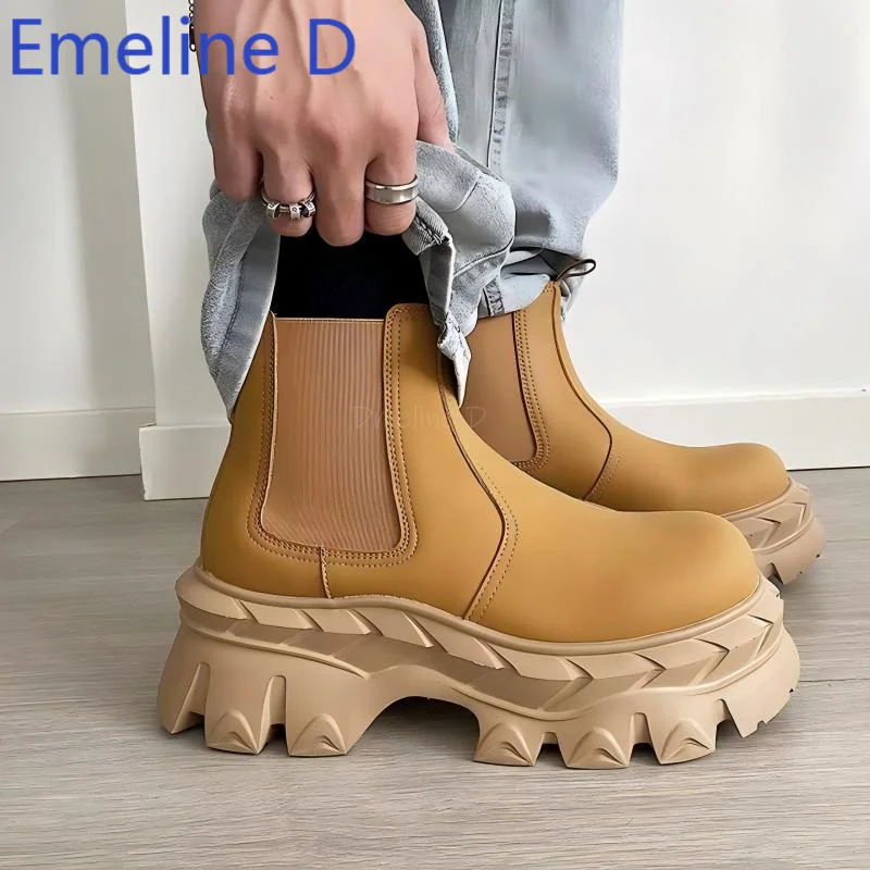 Brown Sleeve Motorcycle Boots Fashionable Leather Splicing Thick Sole Increased Height Simple Versatile Chelsea Boots