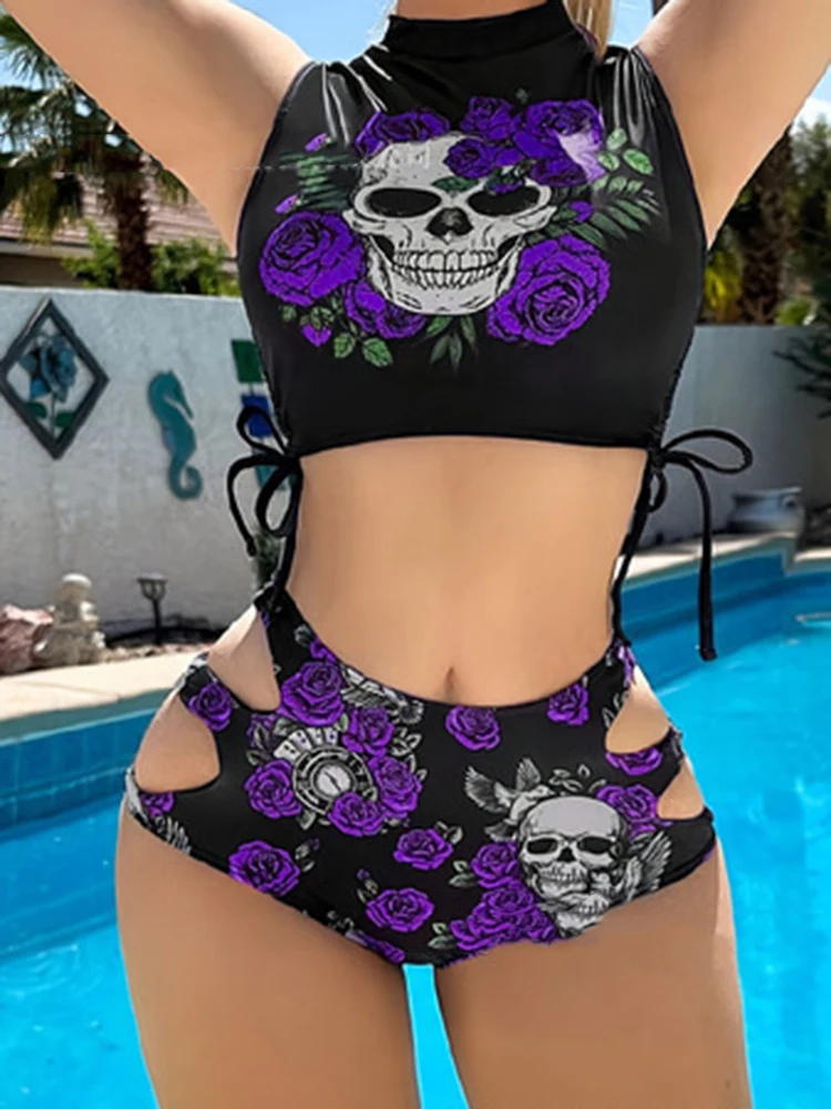 Skull Print Swimsuit For Women O Neck Sleeveless Drawstring Bikini Set High Waisted Hollow Out Summer Bathing Suit
