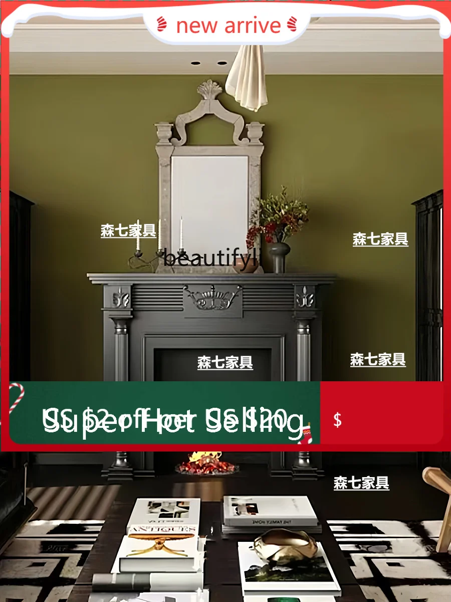

S132 Retro solid wood fireplace rack, black French engraved decorative cabinet, light luxury against the wall, entrance rack