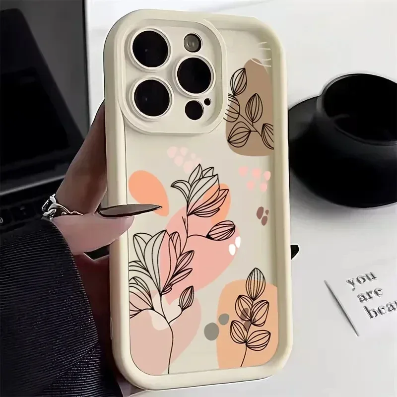 Abstract Line Plant Pattern Phone Case for iPhone 11 12 13 14 15 16 Pro Max Mini XS XR X Max 7 8 Plus All-inclusives Soft Cover