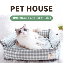 Hanpanda Plaid Printing Soft Removable&Washable Dog Bed Fabric Skin-Friendly Cotton&Linen Breathable Pet Sofa Square Cat Litter