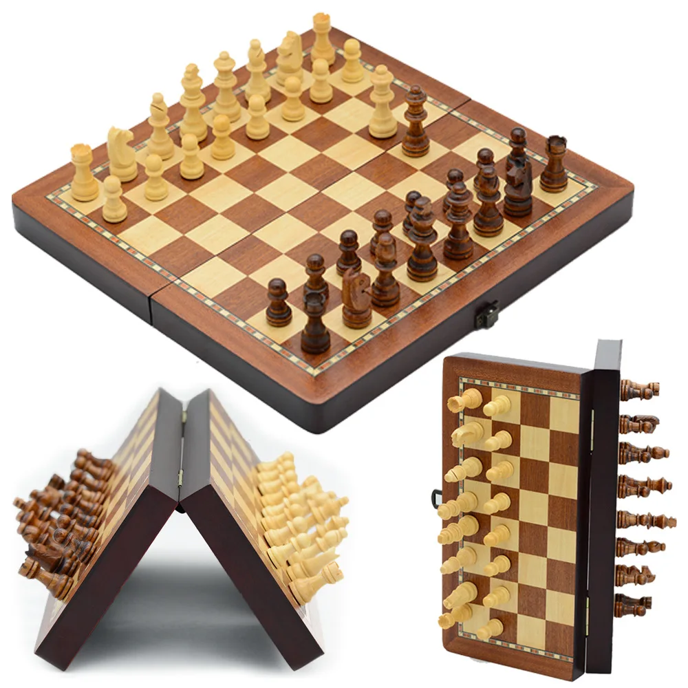 Magnetisches Schachspiel aus Holz für Erwachsene und Kinder, Schachbrett mit handgefertigten Stücken, zusammenklappbar, tragbar, für Reisen, einzigartiges Schachspiel