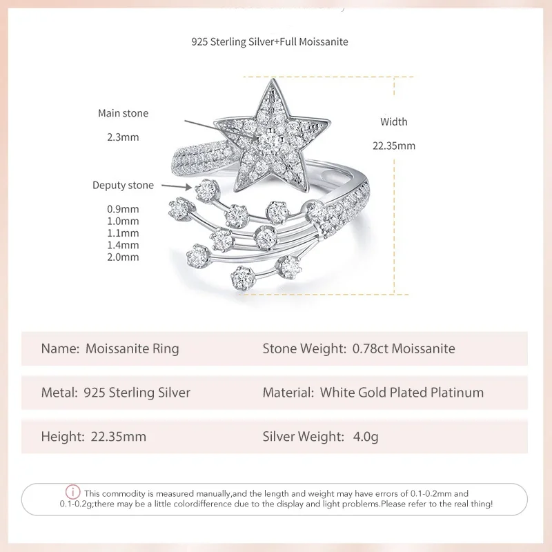 Follow Cloud Total 0.78ct Star Full Moissanite Ring for Women Sparkling S925 Sterling Sliver Plated 18k White Gold Eternity Band