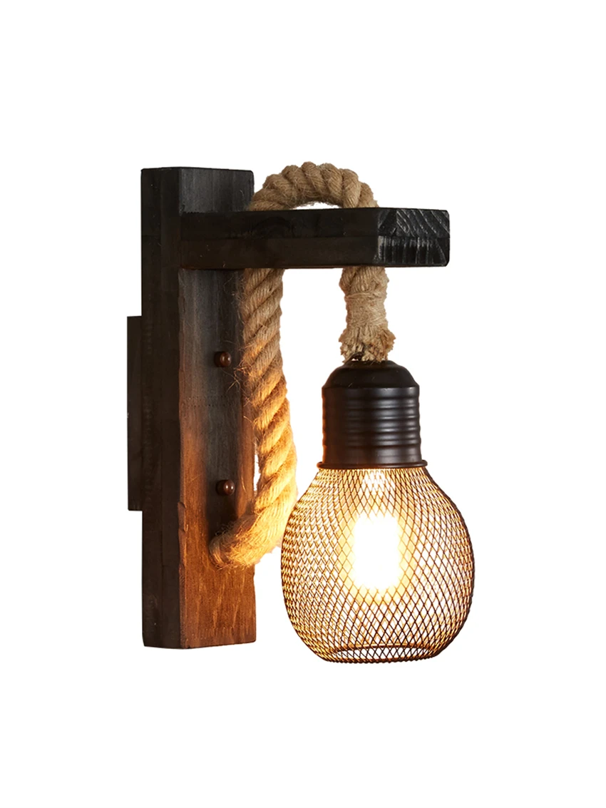 

Country vintage solid wood hemp rope wall lamps restaurant hallway industrial style wall sconces lights dining room fixtures