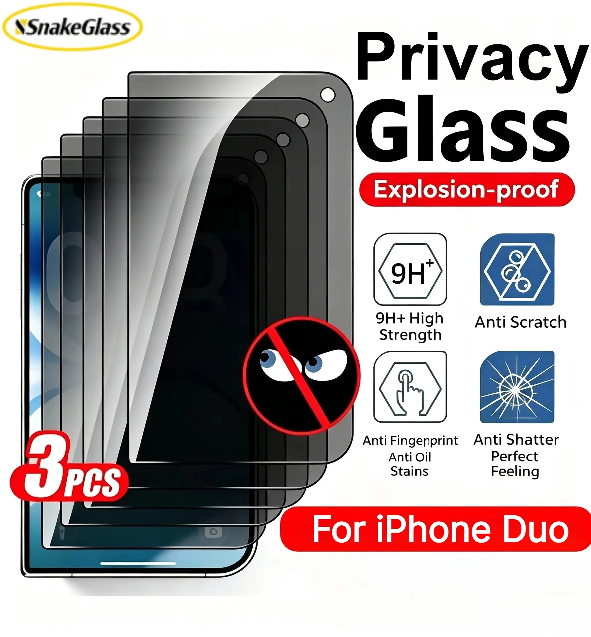 3 Stück Sichtschutzfolie für iPhone Duo, gehärtetes Glas mit 9H-Härte, glatte Oberfläche, hochauflösend, kratzfest.