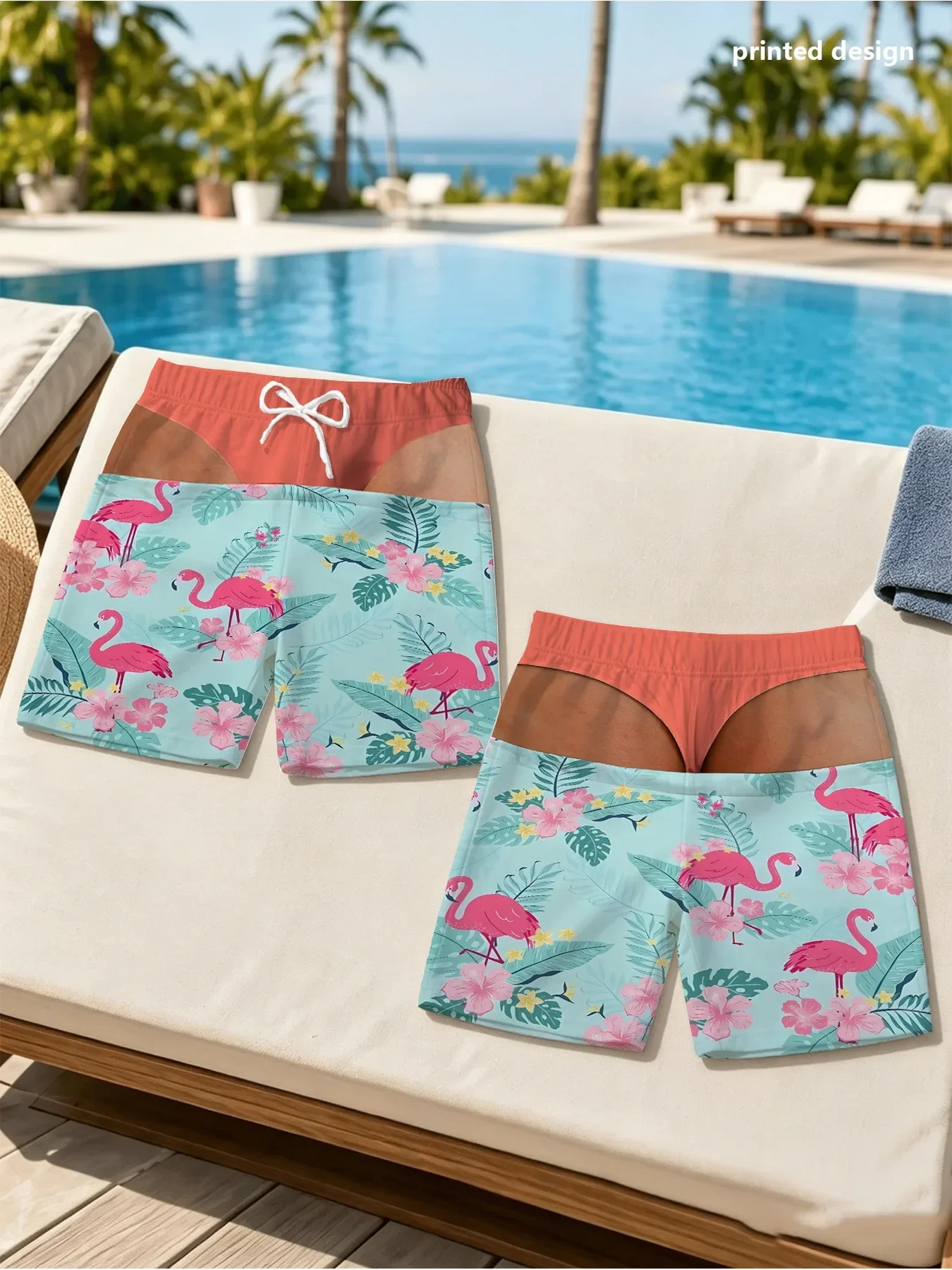 Funny Fake Gold Bikini Waist Men Swim Trunks Hawaiian Tiki Totem Print Quick Dry Beach Shorts Gag Gift