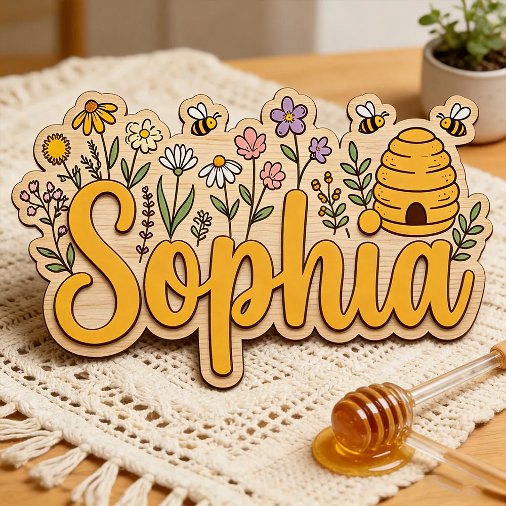 Custom Wildflower Bee Hive Name Door Sign for Girls Bedroom Personalized Spring Wildflower Themed Wooden Nursery Plaque