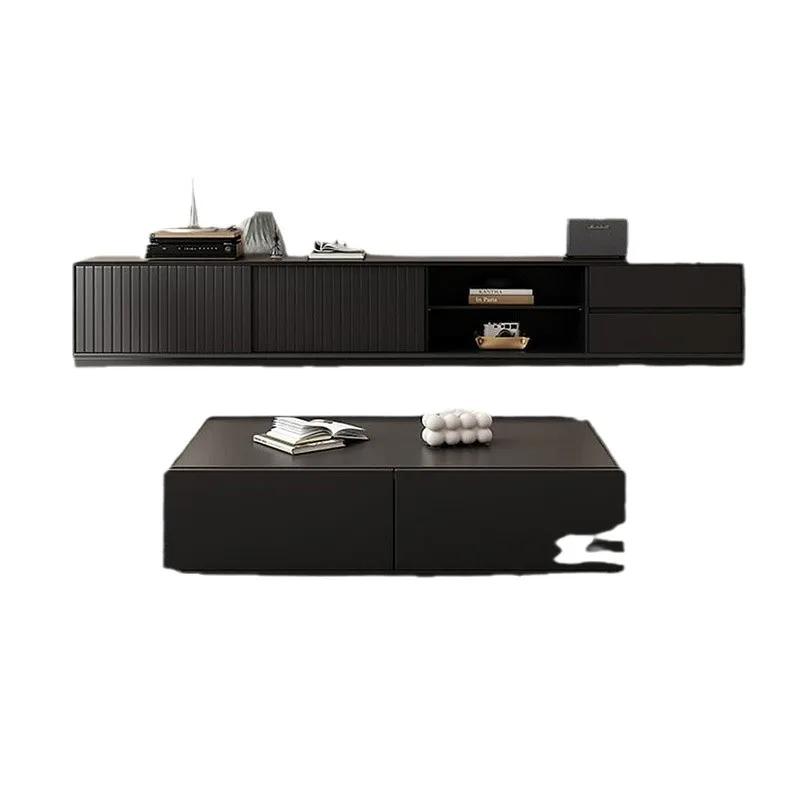 

Solid wood TV cabinet coffee table combination modern simple living room home floor light luxury black pull-out TV cabinet