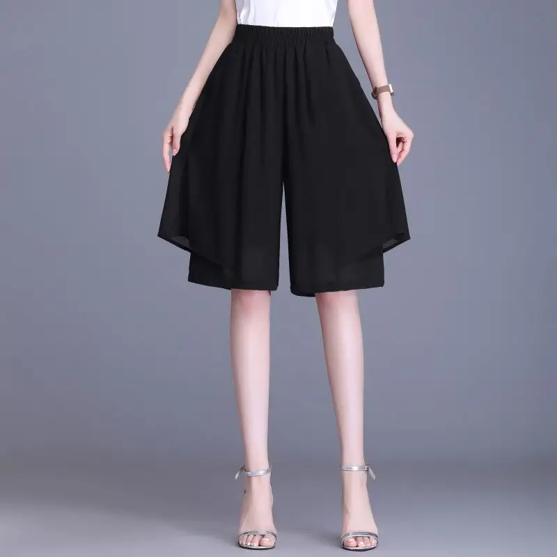 Women's 2024 Summer New Spliced Elasticized High-waisted Pocket Folds Fashion Loose Chiffon Wide Leg Casual Loose 5/4 Shorts