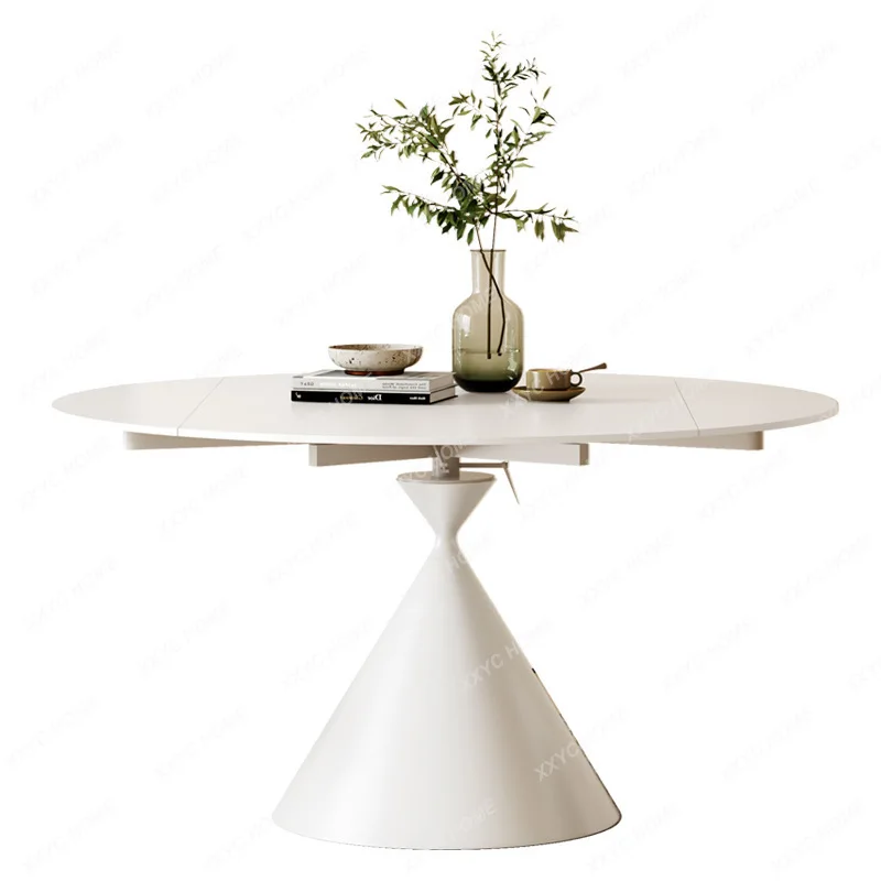 Pure White Matte Stone Plate Dining Table Rotating Retractable Folding