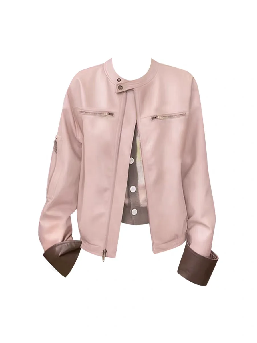 แจ็คเก็ตหนัง PU สีสันสไตล์เรโทรเกาหลี ทรงหลวม ช่วยพรางหุ่น ให้ความรู้สึกหรูหรา สำหรับผู้หญิง สไตล์นักขี่มอเตอร์ไซค์