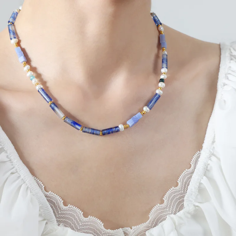 Splendida collana di pietre naturali blu per le donne perle d\'acqua dolce in acciaio inossidabile catena impermeabile gioielli di fascino di moda