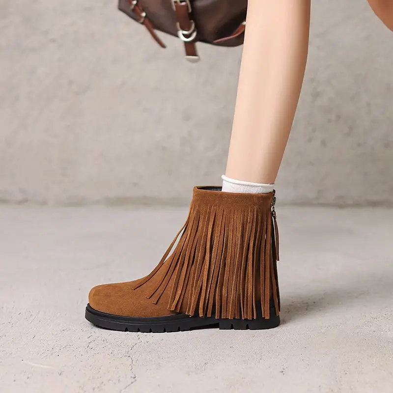 

SIMLOVEYO Женские ботинки в стиле ретро с бахромой, круглый носок, увеличенный каблук, 2,5 см, молния из флока, замша, маленький размер 31, 32, 33, повседневные повседневные ботильоны