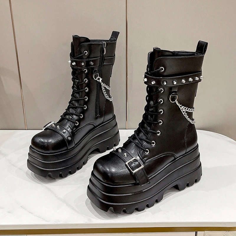 2023 jesień Winte Punk Halloween czarownica Cosplay platforma buty na wysokich klinach czarne buty gotyckie damskie buty duży rozmiar 42 nit but