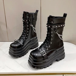 2023 autunno Winte Punk Halloween Witch Cosplay Platform High zeppe tacchi stivali gotici neri scarpe da donna Big Size 42 Rivet Shoe