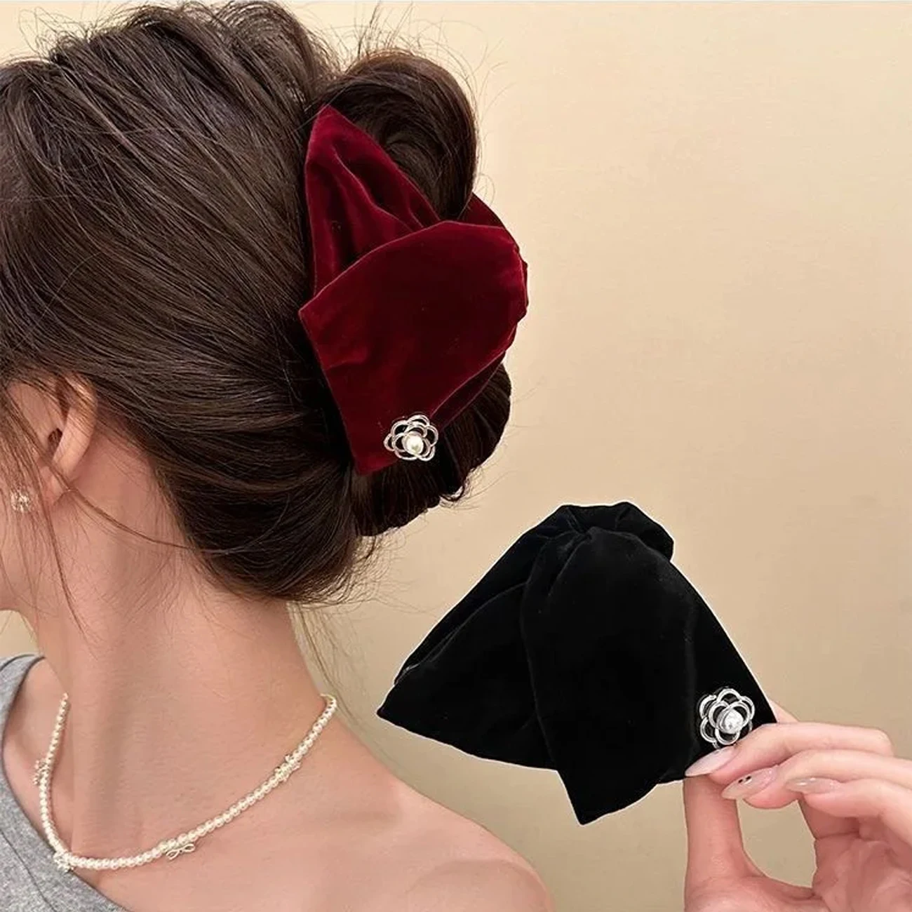 1 قطعة مشبك شعر مثلث كاميليا مخملي عتيق للنساء ، نمط راقي ، دبوس شعر خلفي للرأس ، إكسسوار شعر بمشبك قرش أوبدو #2