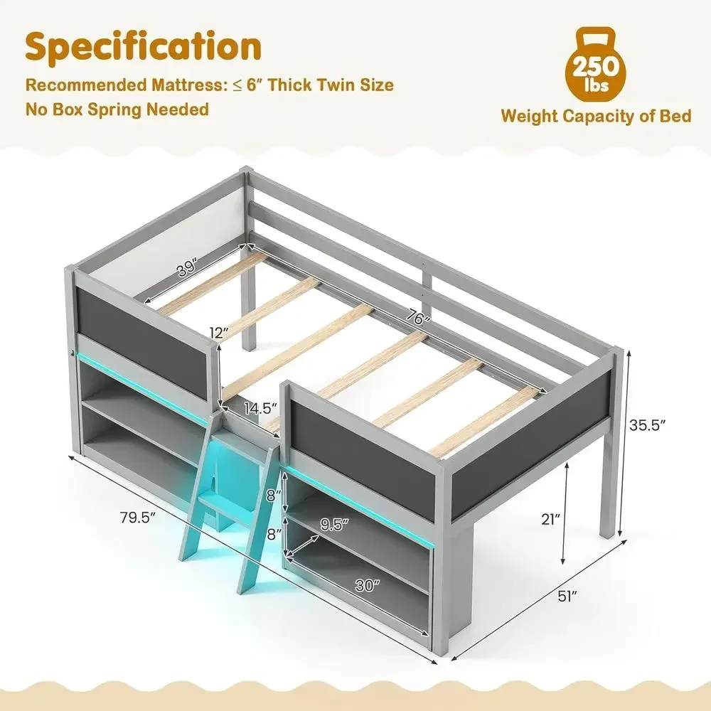 LED-Lit Low Loft Bed, Wooden Twin with Ladder & Chalkboard, Twin Bed with Storage, 2 Shelves, Play Area, Grey