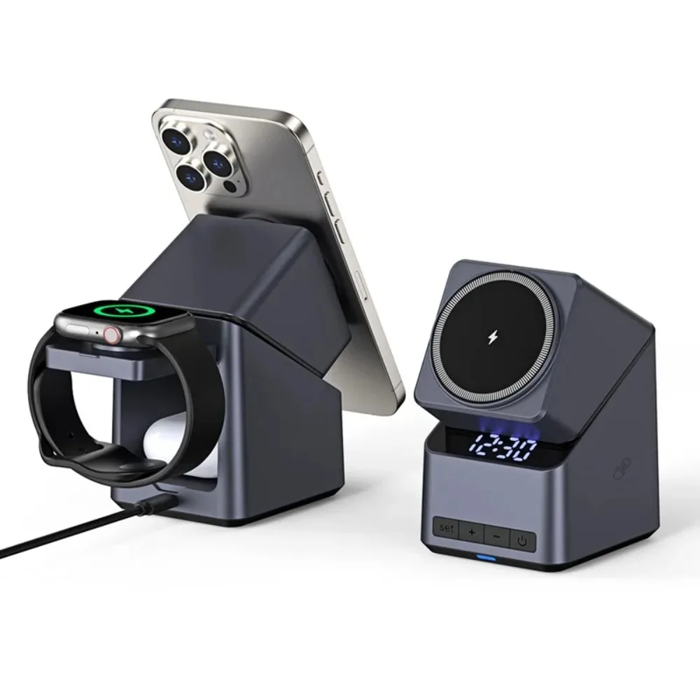 4in1 Electric Rotating Magnetic 15W Wireless Charger Time Display Touch Rotation for  iPhone Watch AirPods Ideal Charging Stand